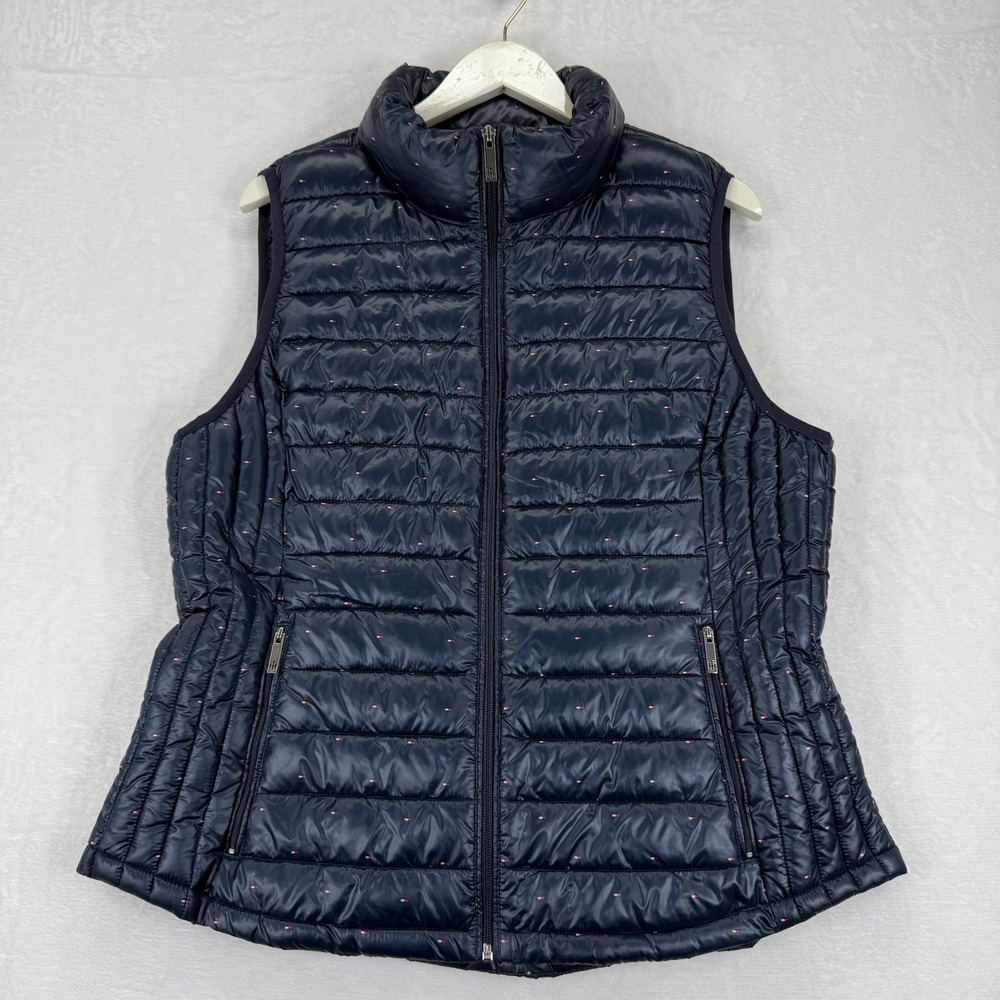 Tommy Hilfiger Puffer Vest Navy Blue Mini Flag Print Packable Lightweight XL
